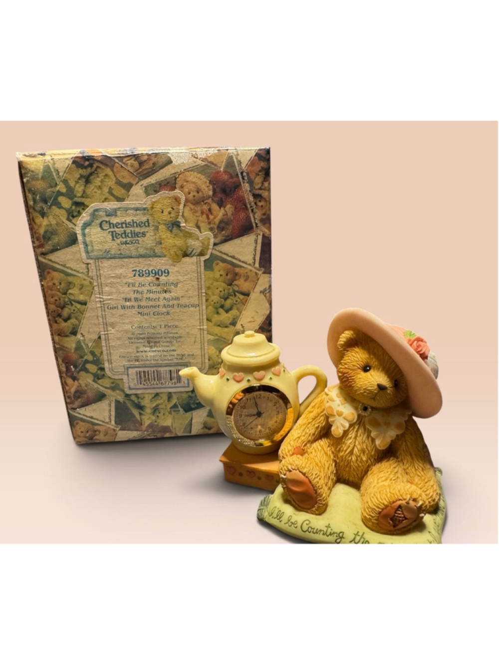 Cherished Teddies Girl with Bonnet and Teacup Mini Clock #789909 (WORKING CLOCK)